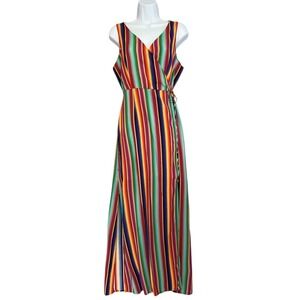 Tea & Cup‎ Dress Womens M Maxi Rainbow Stripe Wrap Side Slit Lined Sleeveless